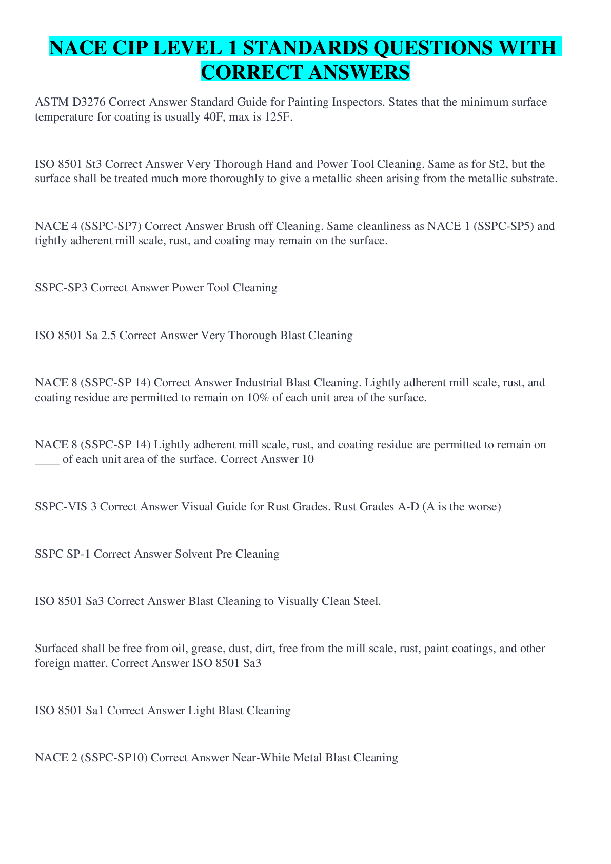 Preview image for NACE CIP LEVEL 1 STANDARDS QUESTIONS WITH CORRECT ANSWERS